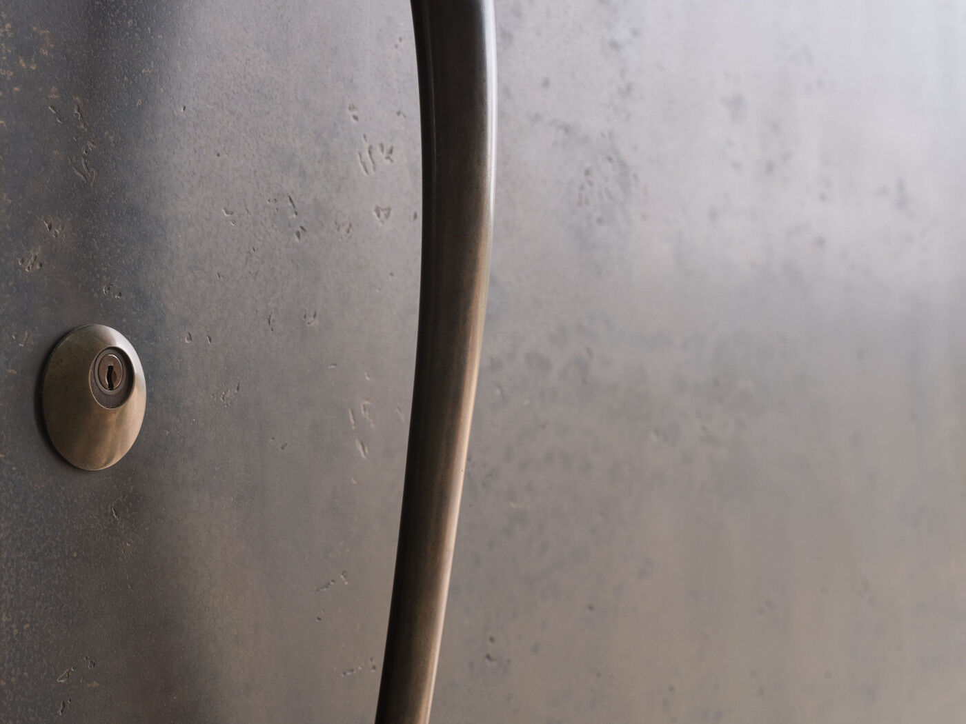 The sculptural bronze handle matches the door.