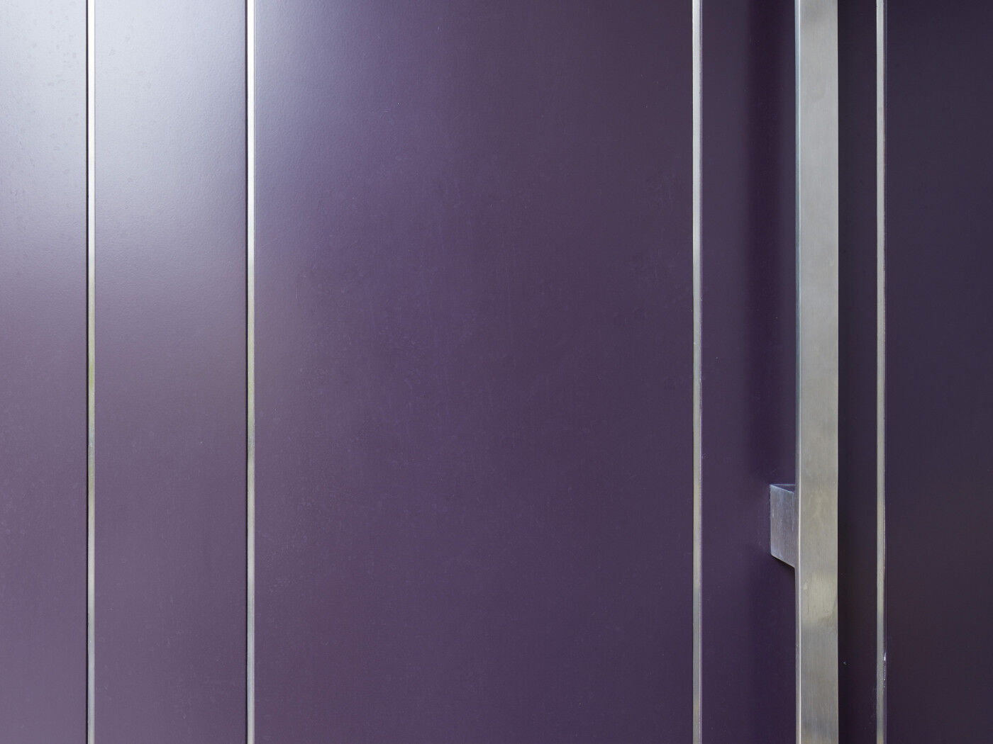 This close up shows the smooth painted purple finish and stainless steel detailing