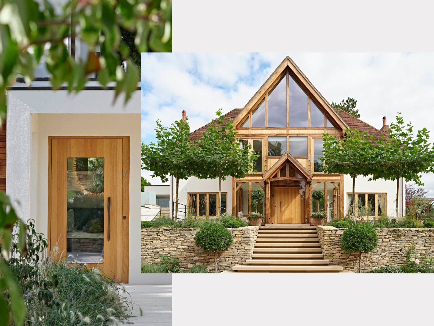 This beautiful home has a large statement front door and a different design in the same wood for the back door.