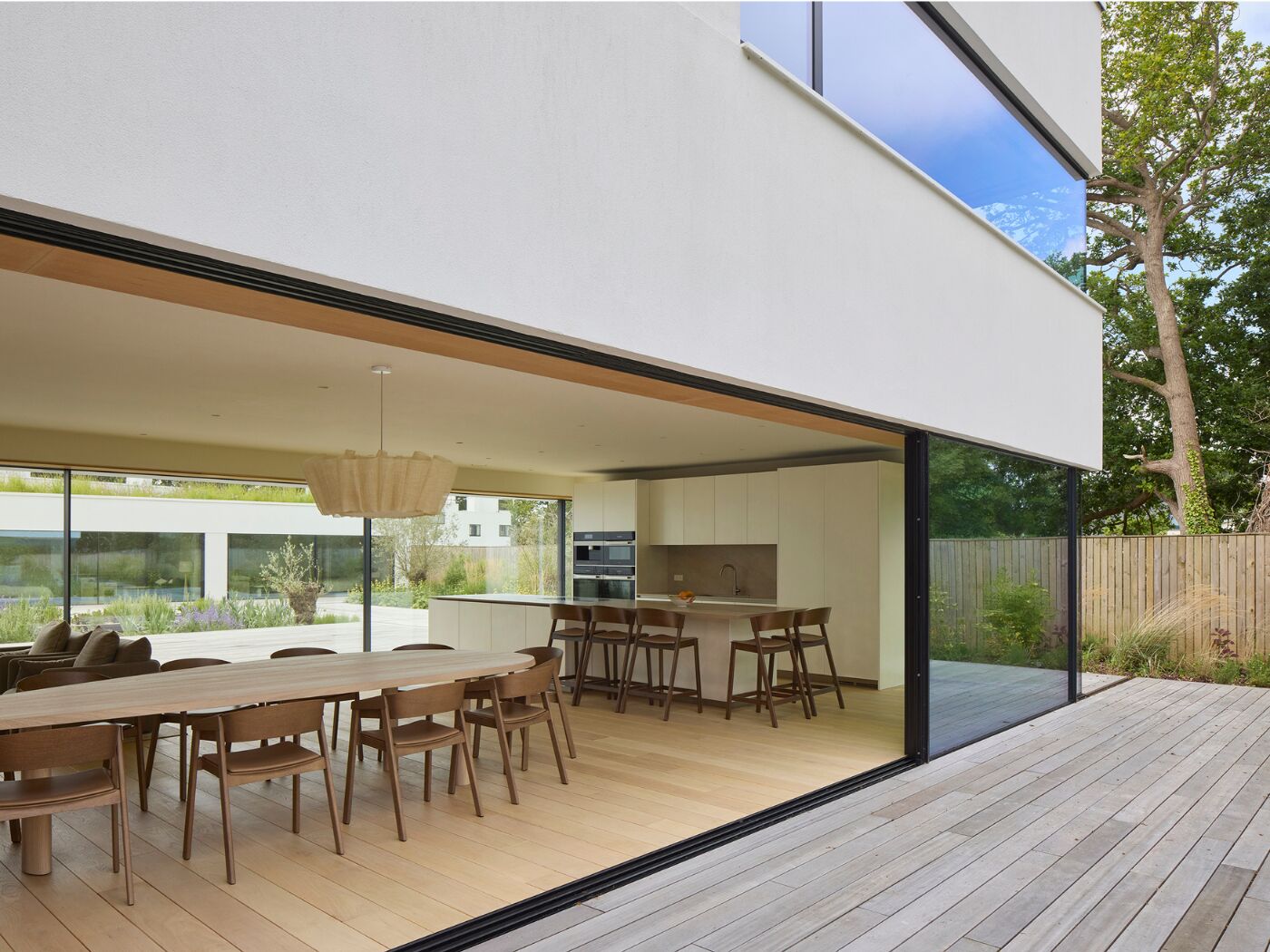 Landscape kitchen through doors