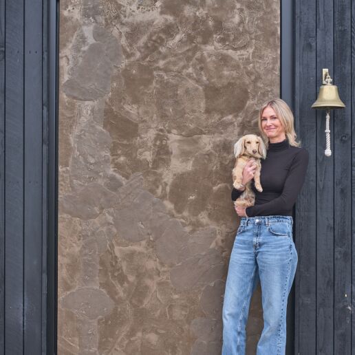 Portrait Cuttle Brook Barn Jade and dog and door close up