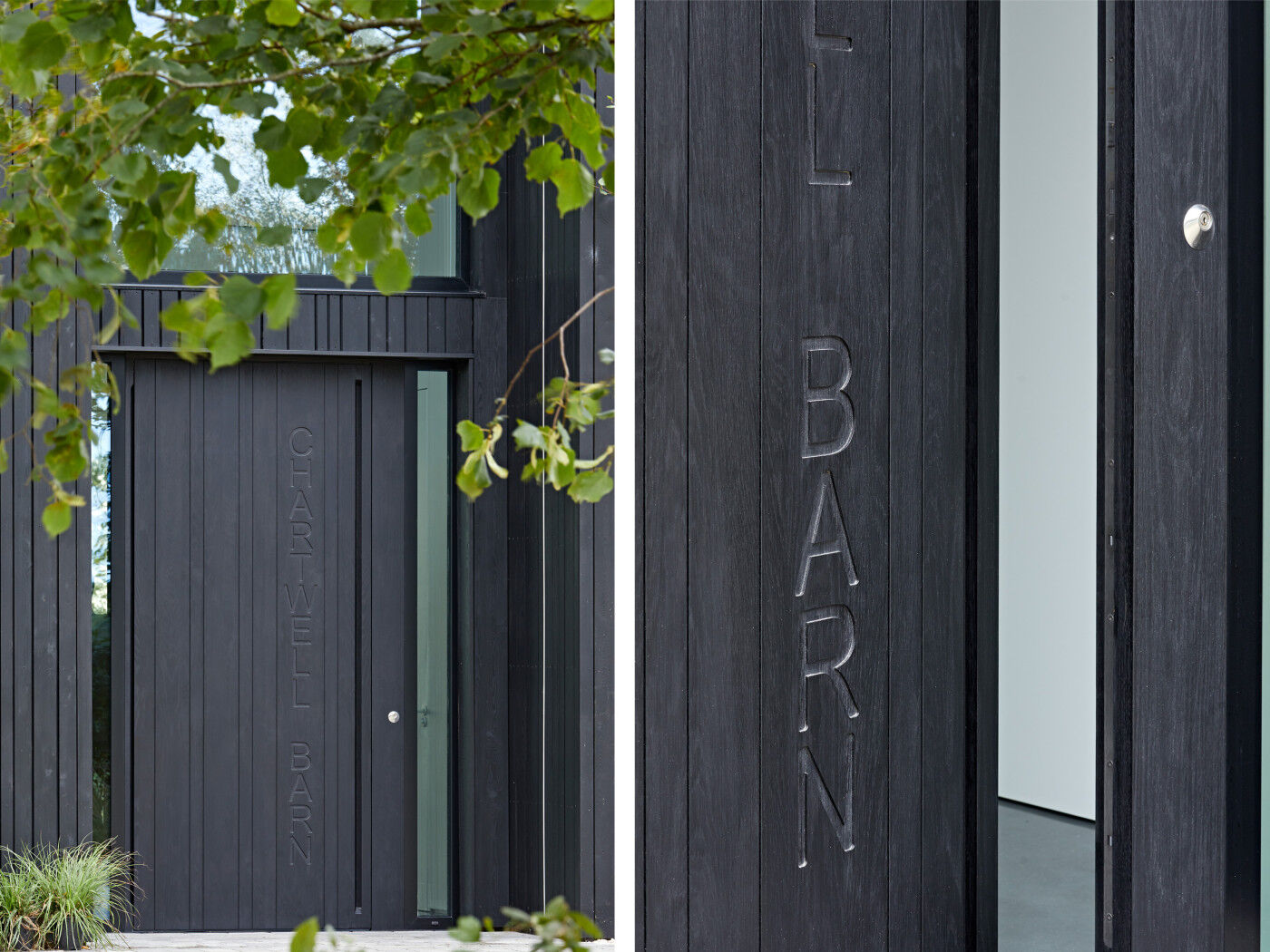 With minimalism a definite feature, this door also features sleek house name etching on the ebony oiled wood door