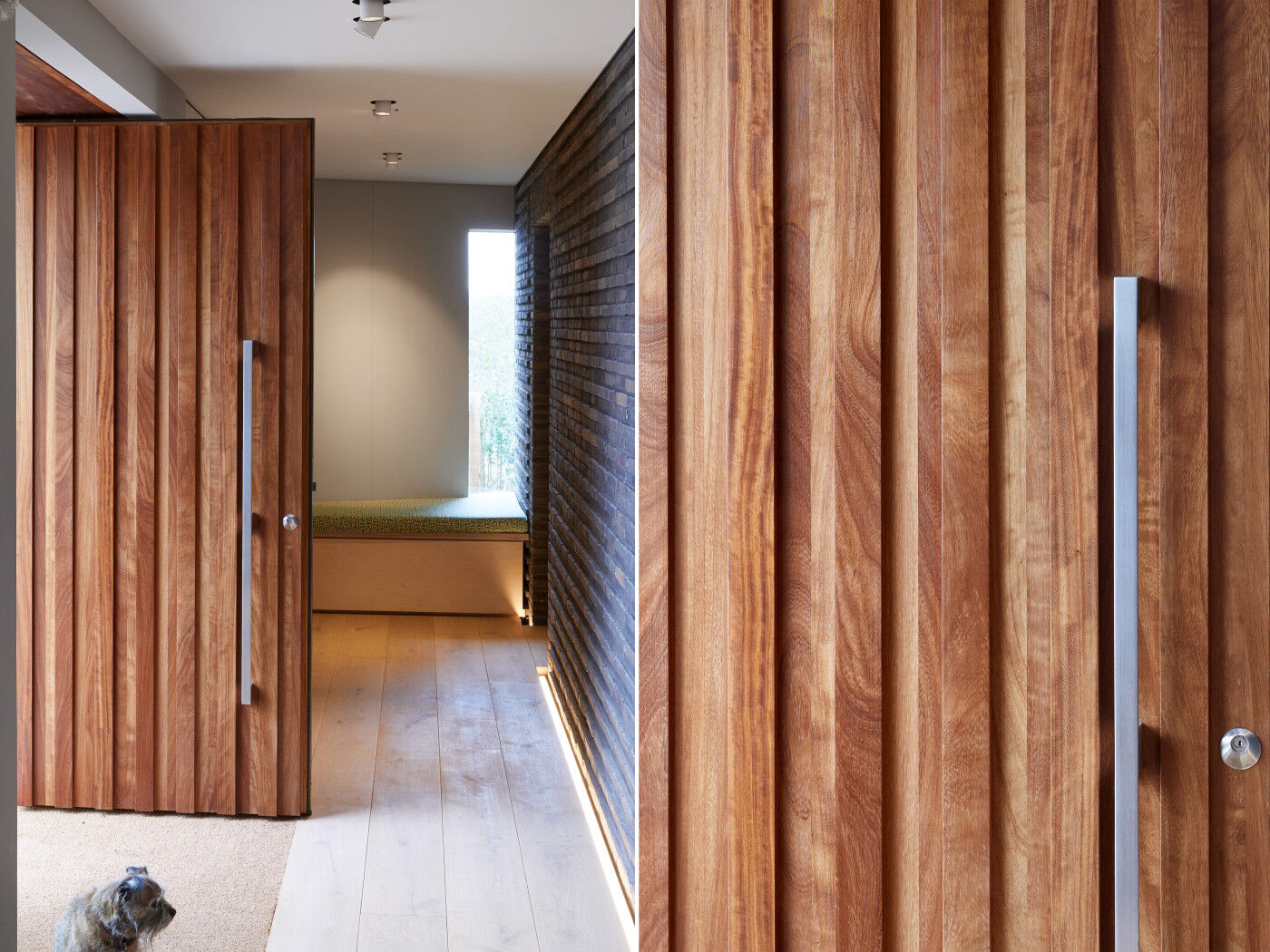 The raised elements of the ridge design complements the hallway stone wall