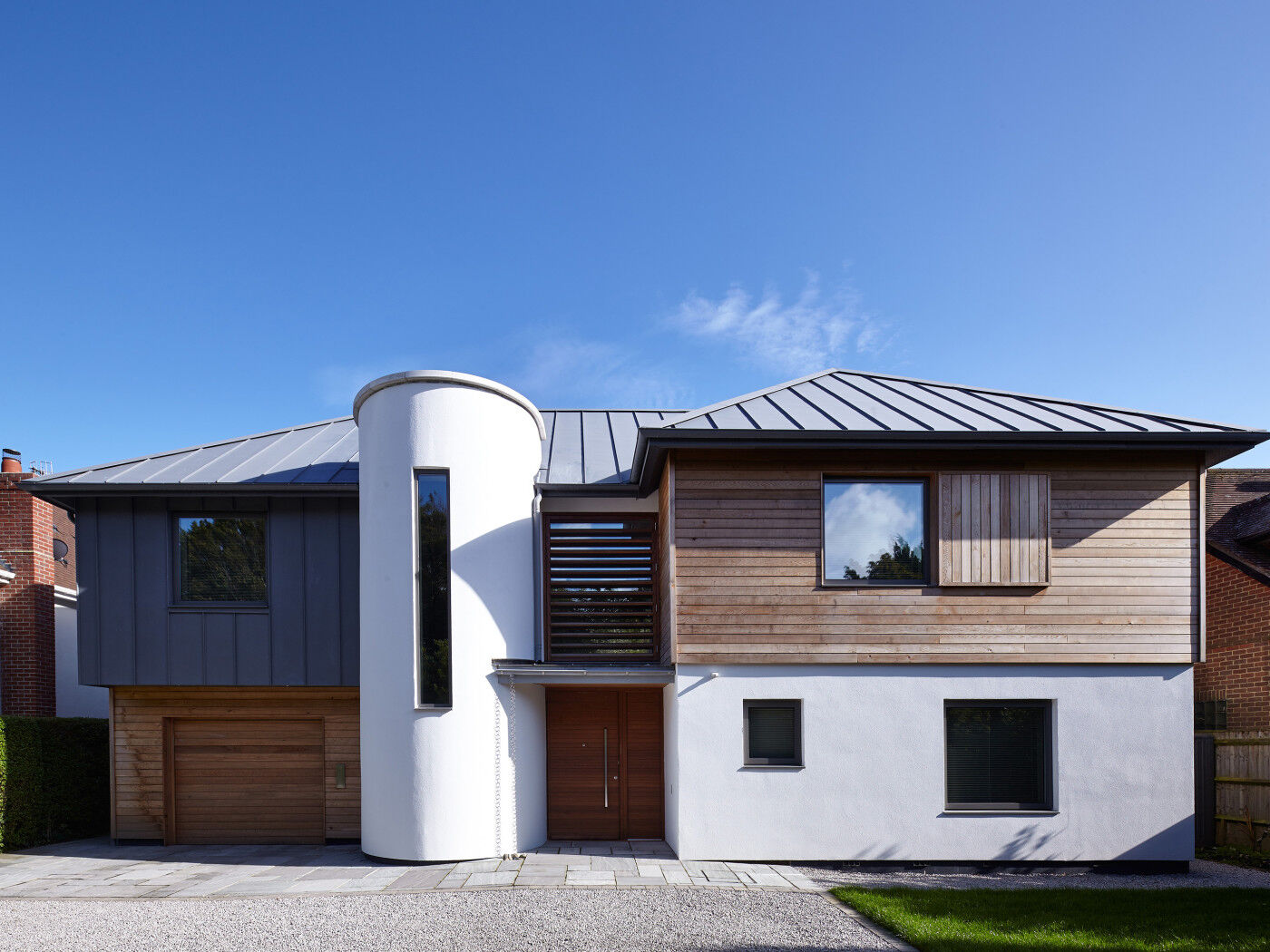Interesting house design with an iroko wood front door