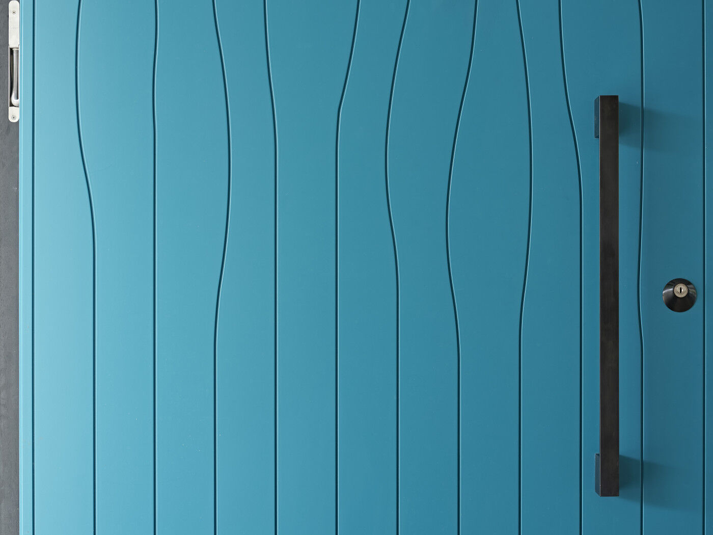 Maintaining the modernist style, the door is finished with a simple black handle