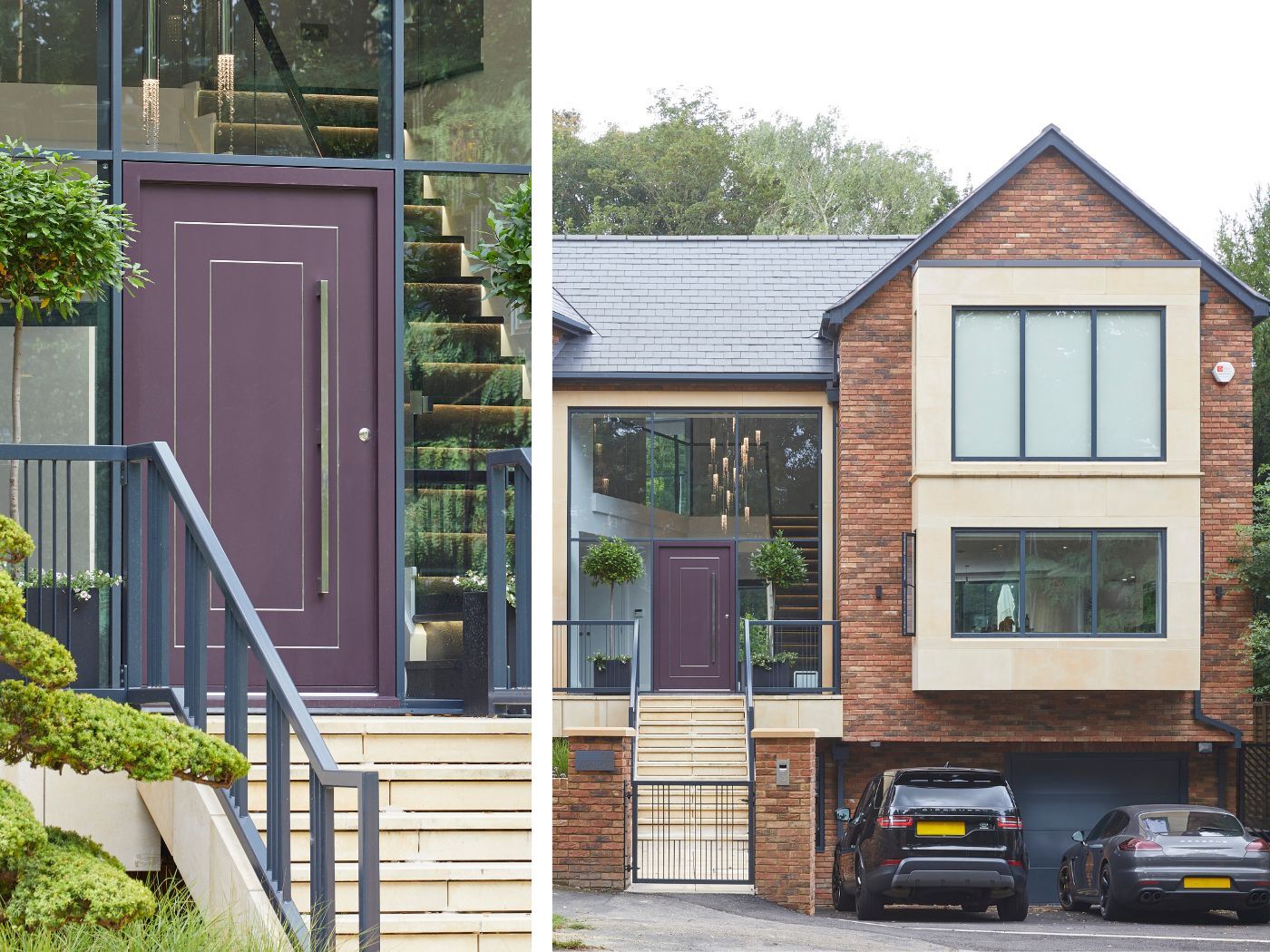Colour and design make this front door stand out with functional grey garage doors on a lower level