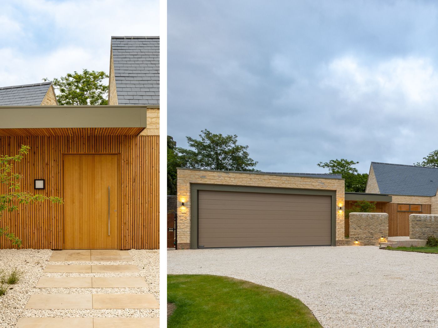 The front door takes centre stage with the garage door blending in
