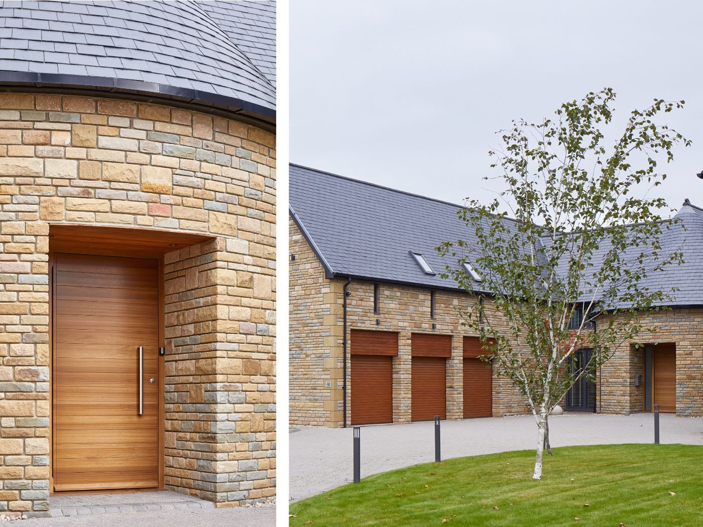 The doors are made from different materials but all blend beautifully with the stone finish