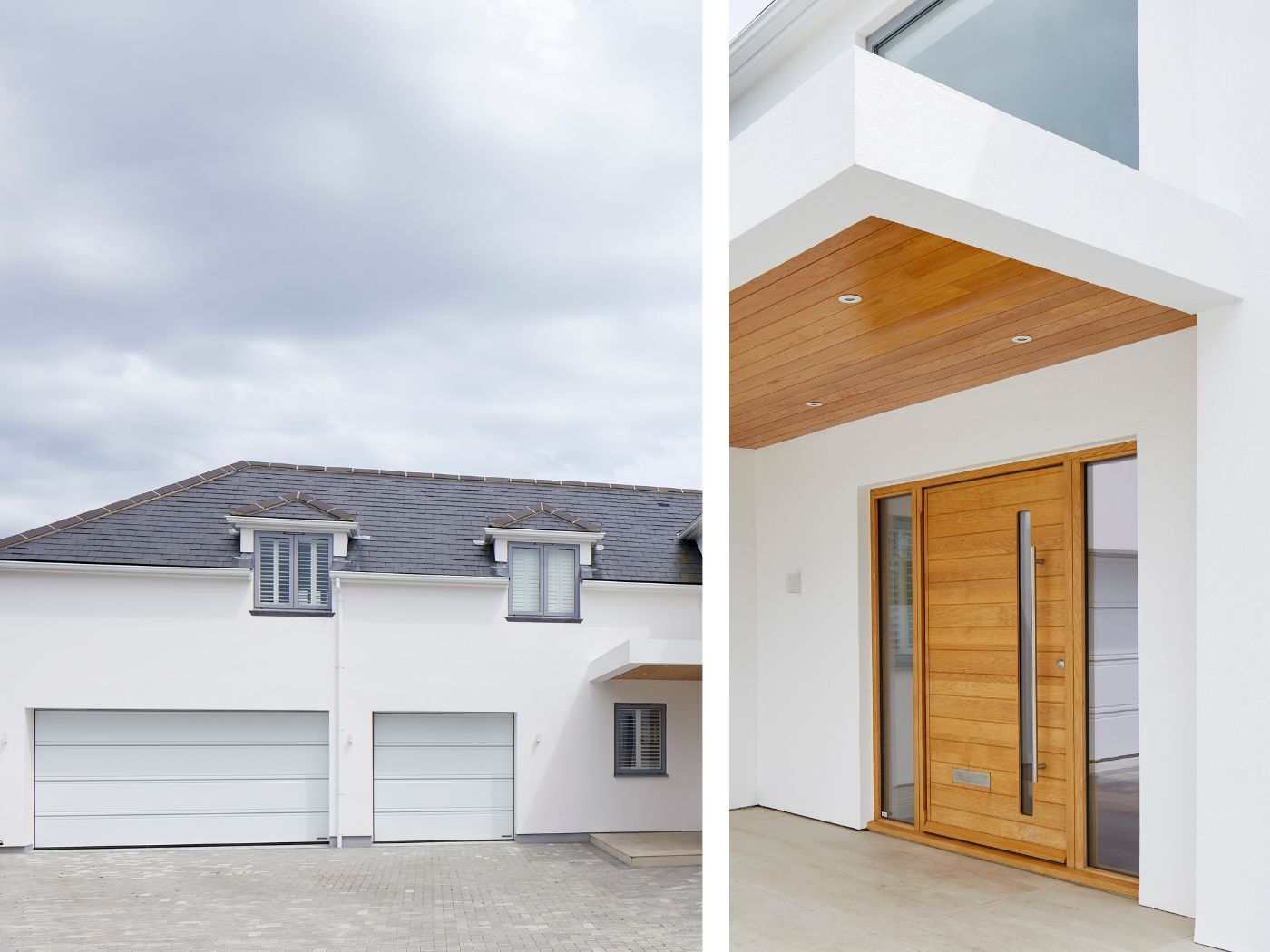 The front door in a natural hardwood finish standards out in this minimalist scheme