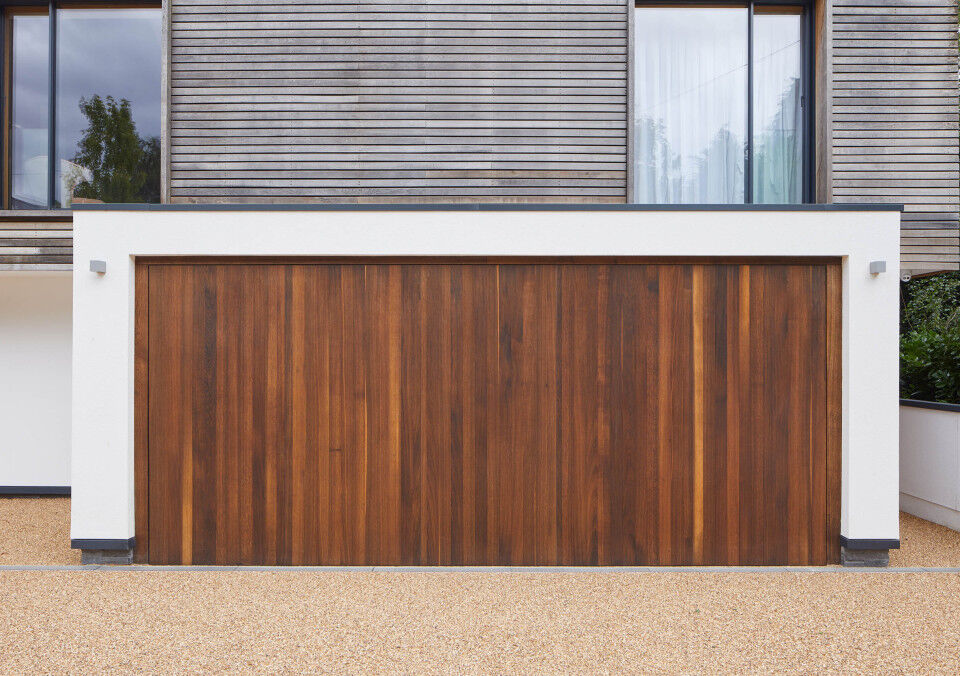 Up and over garage door in fumed oak