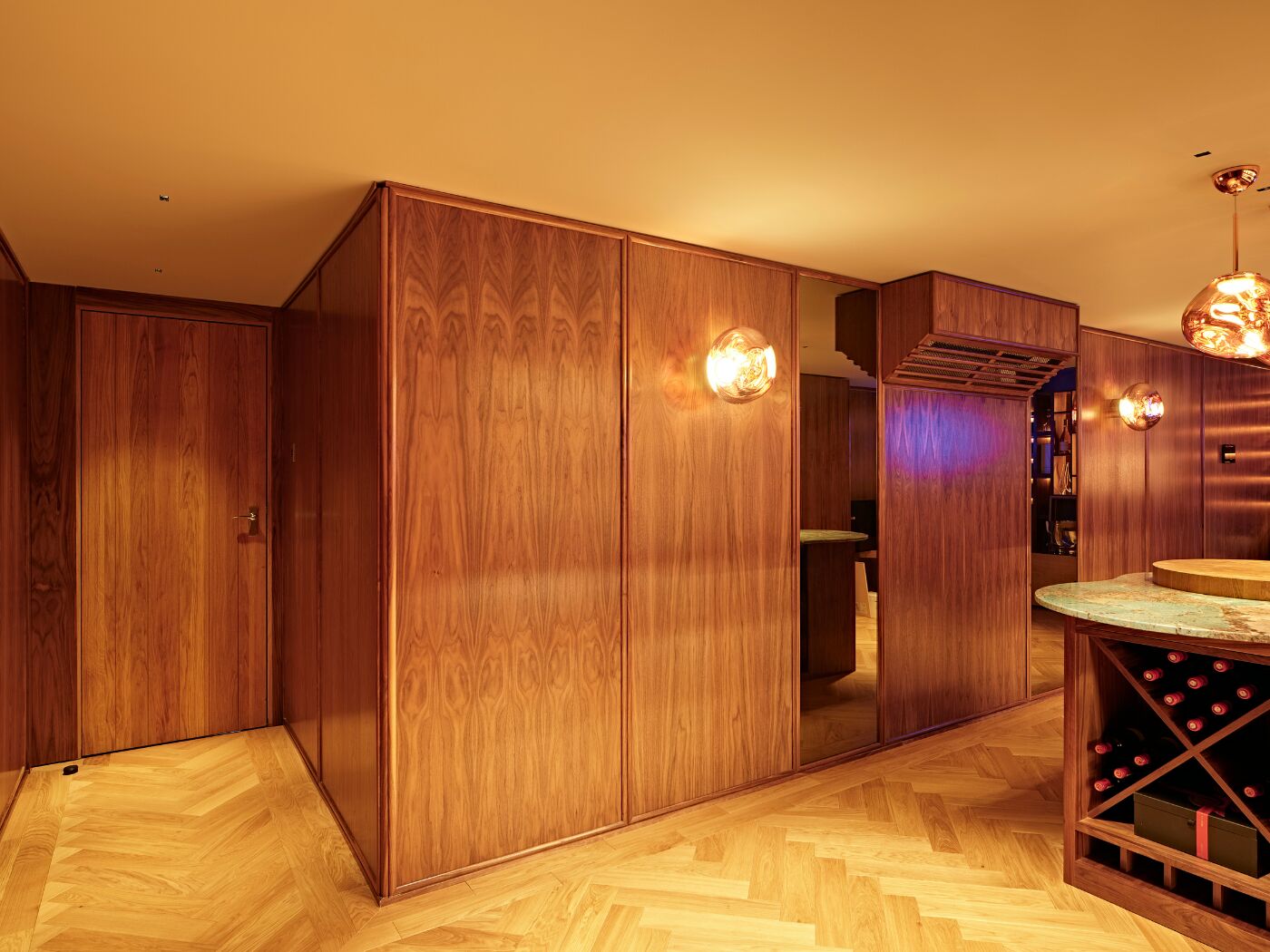 This internal door blends with the kitchen cabinets