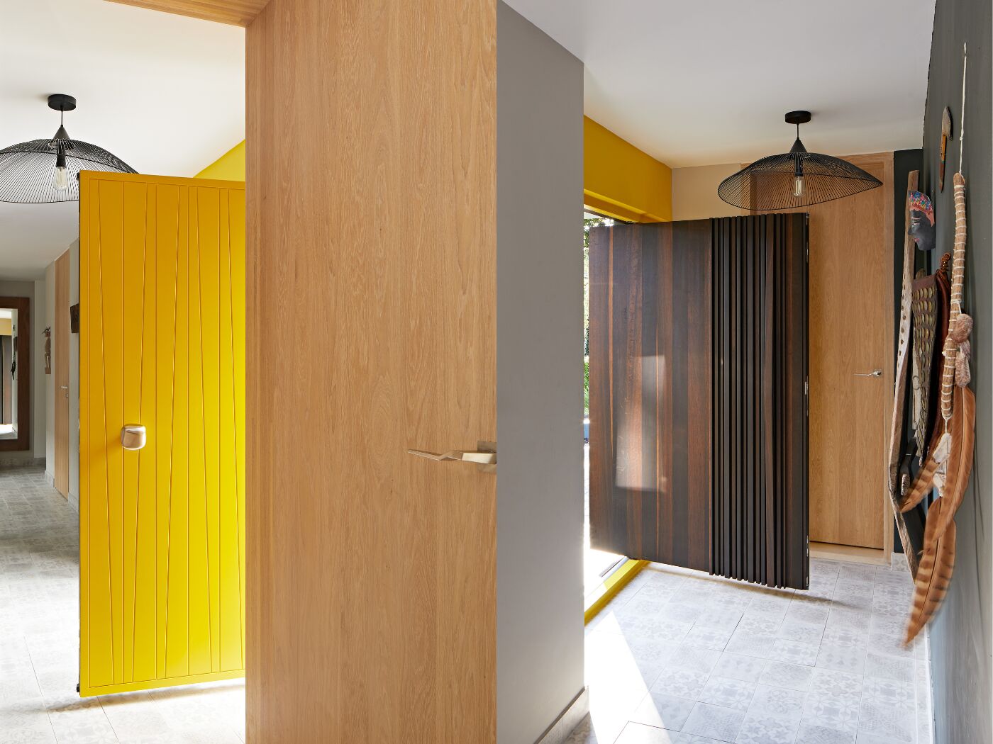 A mix of finishes creates impact in this hallway