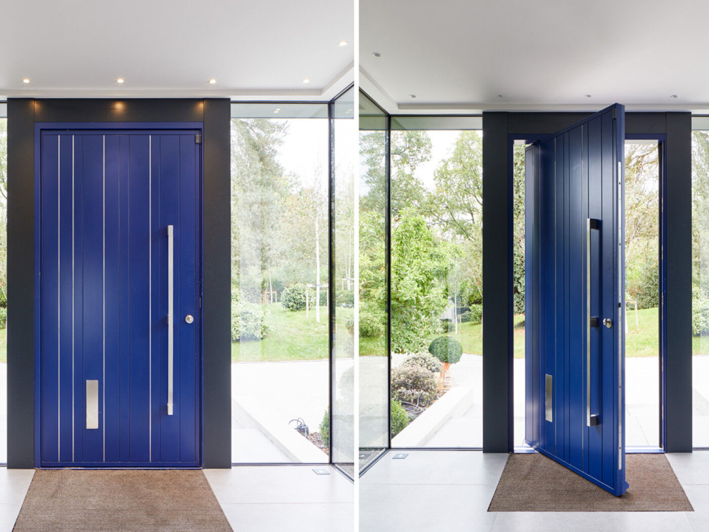 Blue pivot door | Open & closed view | Urban Front