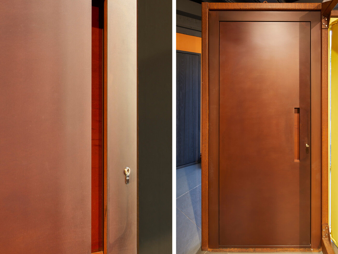 "Raw" steel corten front door, with concealed handle
