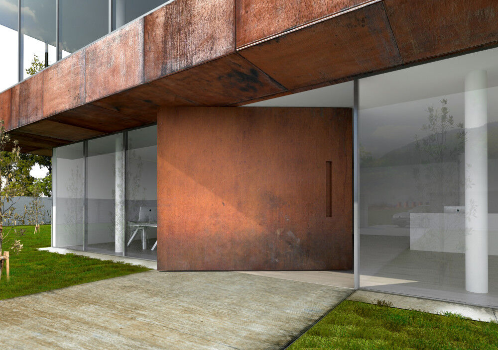 "Raw" extra wide front door in rust, with concealed handle