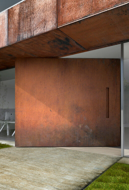 "Raw" extra wide front door in rust, with concealed handle