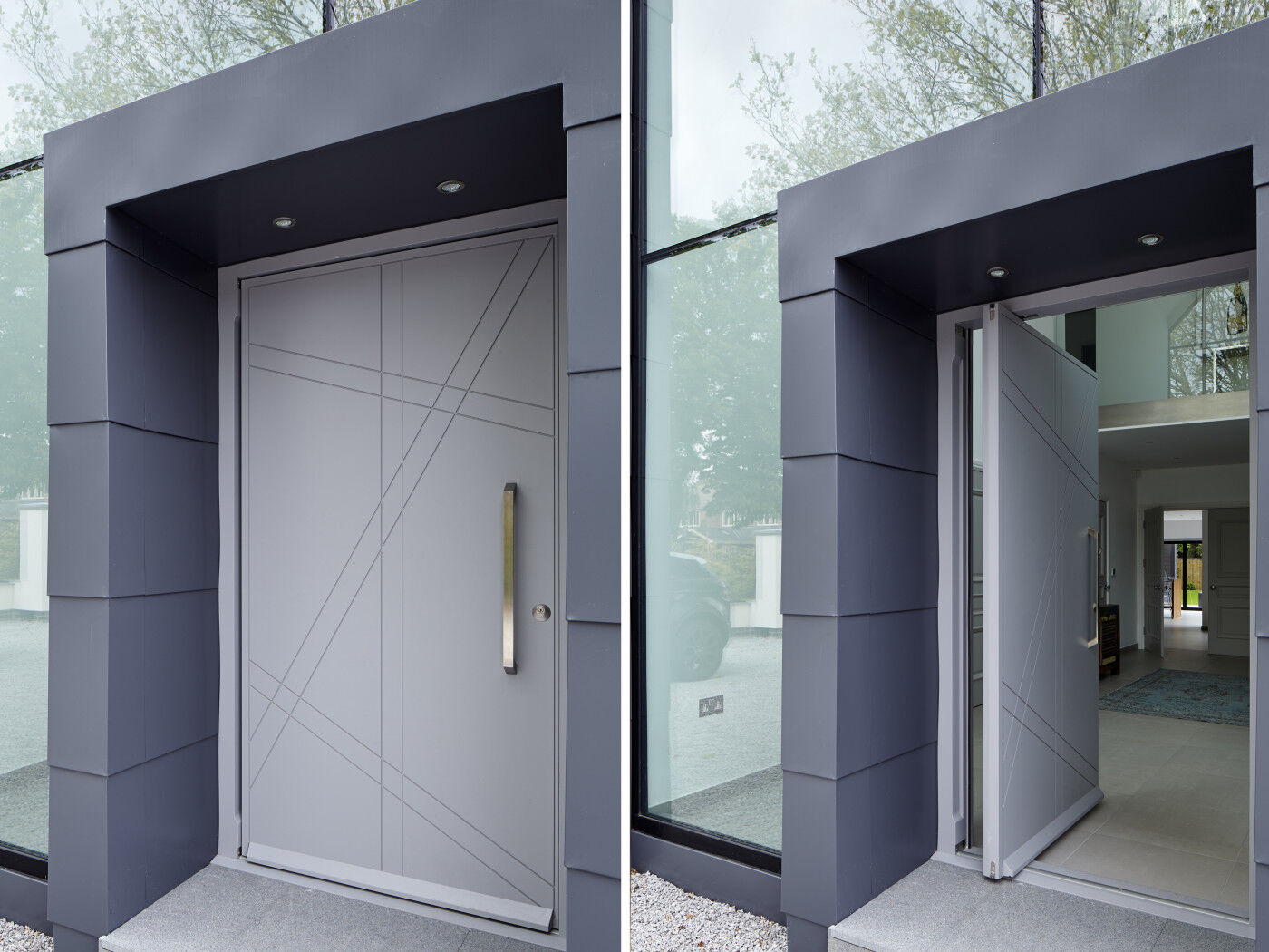 This light grey front door is nicely accented by darker framing & glass walling
